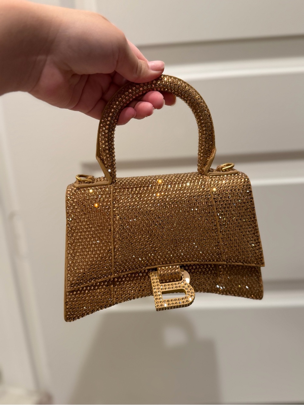 Balenciaga Gold/Brown Leather XS Crystal Hourglass Top Handle Bag new
